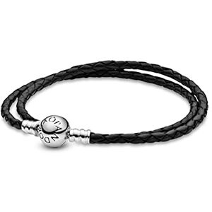 PANDORA Icons Pulsera doble de plata y cuero negro, D3 PANDORA Icons Pulsera doble de plata y cuero negro, D3