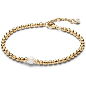 PANDORA Timeless Pulsera con cuentas chapada en oro de 14 quilates con perla blanca cultivada de agua dulce tratada y circonitas cúbicas transparentes, 16 PANDORA Timeless Pulsera con cuentas chapada en oro de 14 quilates con perla blanca cultivada de agua dulce tratada y circonitas cúbicas transparentes, 16