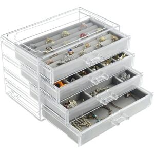Weiai Organizador de joyas acrílico, caja de joyería transparente con 4 cajones, joyero de almacenamiento para mujer (gris) Weiai Organizador de joyas acrílico, caja de joyería transparente con 4 cajones, joyero de almacenamiento para mujer (gris)