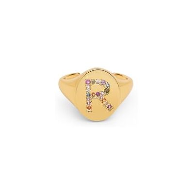 SINGULARU Anillo Personalizado Signet Letter Colors. Ajustable. Latón con Acabado Baño de Oro de 8 Kt. Talla Unica. Joyas para Mujer. Letra R SINGULARU Anillo Personalizado Signet Letter Colors. Ajustable. Latón con Acabado Baño de Oro de 8 Kt. Talla Unica. Joyas para Mujer. Letra R