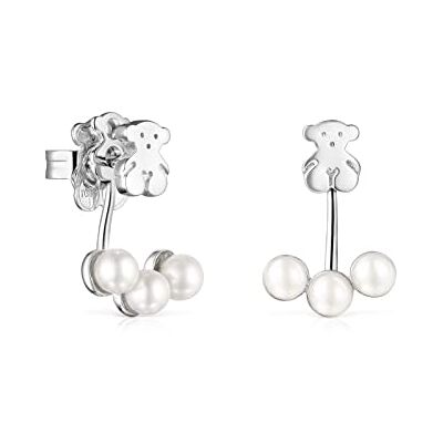 TOUS Pendientes de Plata de Primera Ley para Mujer con Tres Perlas de 4,5 cm y Motivo de Oso 0,7 cm, con Cierre de Presión, Fino y Elegante, Colección Nocturne TOUS Pendientes de Plata de Primera Ley para Mujer con Tres Perlas de 4,5 cm y Motivo de Oso 0,7 cm, con Cierre de Presión, Fino y Elegante, Colección Nocturne