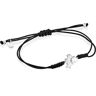 TOUS Pulsera de Cuerda Negra para Mujer con Motivo en Plata de Primera Ley y Perla, 23 cm de Largo, Delicado y Elegante, Colección Nocturne TOUS Pulsera de Cuerda Negra para Mujer con Motivo en Plata de Primera Ley y Perla, 23 cm de Largo, Delicado y Elegante, Colección Nocturne
