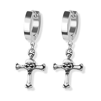 BlackAmazement Juego de 2 pendientes de aro de acero inoxidable 316L, 3 mm de ancho, cadena de calavera, hueso, cruz, piercing, negro, dorado, gótico, motorista, hombre y mujer BlackAmazement Juego de 2 pendientes de aro de acero inoxidable 316L, 3 mm de ancho, cadena de calavera, hueso, cruz, piercing, negro, dorado, gótico, motorista, hombre y mujer