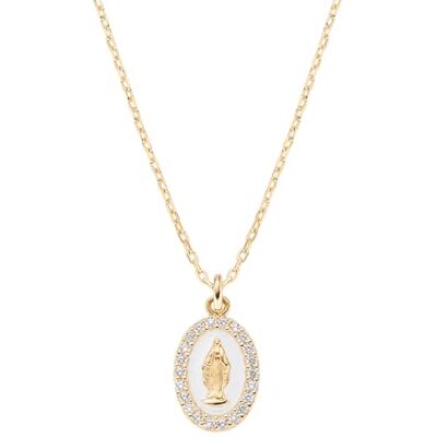 Amen Bijoux, collar de medalla milagrosa esmaltada blanca perla, collar mujer plata 925 dorado, circonitas blancas, regalo para mujer Amen Bijoux, collar de medalla milagrosa esmaltada blanca perla, collar mujer plata 925 dorado, circonitas blancas, regalo para mujer