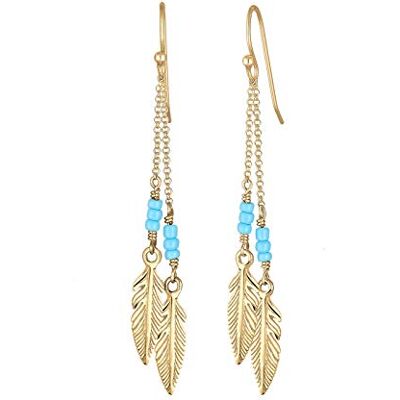 Elli Pendientes de aro para mujer con cuentas de boho y pluma, de plata de ley 925 chapada en oro Elli Pendientes de aro para mujer con cuentas de boho y pluma, de plata de ley 925 chapada en oro