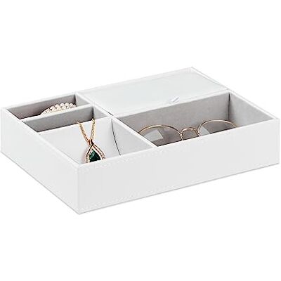Relaxdays Joyero, Caja para Joyas 5 Compartimientos, Organizador Joyería Pendientes Moderno, 5 x 25,5 x 18,5 cm, Blanco Relaxdays Joyero, Caja para Joyas 5 Compartimientos, Organizador Joyería Pendientes Moderno, 5 x 25,5 x 18,5 cm, Blanco