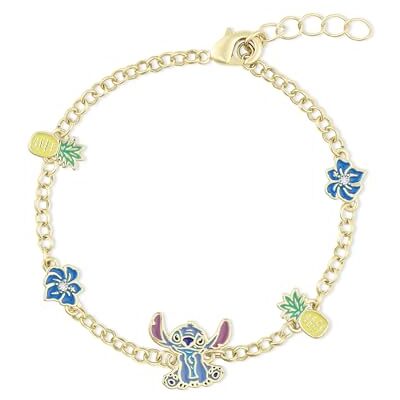 Disney Stitch Girls Pulsera de cadena ajustable chapada en oro con dije de piña y flor Disney Stitch Girls Pulsera de cadena ajustable chapada en oro con dije de piña y flor