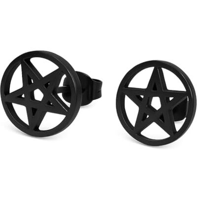 BlackAmazement Juego de 2 pendientes de acero inoxidable 316L, diseño de estrella de cinco estrellas, pentáculo, plata, negro, gótico, motorista, hombre y mujer BlackAmazement Juego de 2 pendientes de acero inoxidable 316L, diseño de estrella de cinco estrellas, pentáculo, plata, negro, gótico, motorista, hombre y mujer