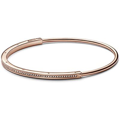PANDORA Signature Pulsera rígida I-D con engarce pavé chapada en oro rosa de 14 quilates con circonitas cúbicas transparentes, 3 PANDORA Signature Pulsera rígida I-D con engarce pavé chapada en oro rosa de 14 quilates con circonitas cúbicas transparentes, 3