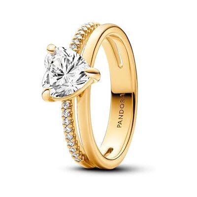 PANDORA Timeless Anillo con diseño de corazón chapado en oro de 14 quilates con circonitas cúbicas transparentes, talla 52 PANDORA Timeless Anillo con diseño de corazón chapado en oro de 14 quilates con circonitas cúbicas transparentes, talla 52