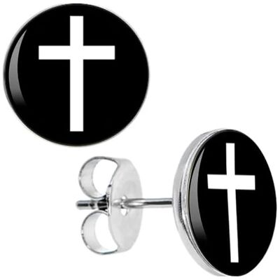BlackAmazement Juego de 2 pendientes de acero inoxidable 316L con cruz invertida, cruz de San Pedro, color negro y blanco, gótico, punk, para hombre y mujer BlackAmazement Juego de 2 pendientes de acero inoxidable 316L con cruz invertida, cruz de San Pedro, color negro y blanco, gótico, punk, para hombre y mujer