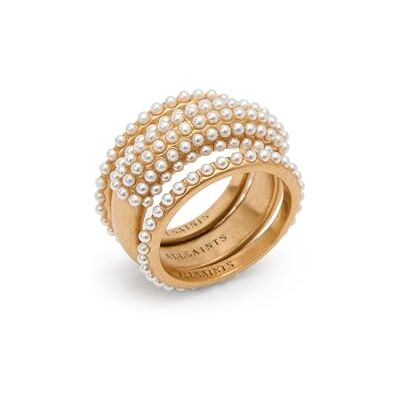 AllSaints Conjunto de tres anillos con perlas de . Joyas apilables con delicadas perlas artificiales. Accesorios modernos para mujer, en latón dorado AllSaints Conjunto de tres anillos con perlas de . Joyas apilables con delicadas perlas artificiales. Accesorios modernos para mujer, en latón dorado