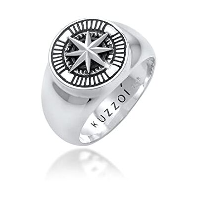 Kuzzoi Anillo de sello para hombre, redondo, macizo, 15 mm de ancho, en plata de ley 925, negro oxidado con símbolo de brújula, anillo para hombres de tamaño 60-66, 0605832820 Kuzzoi Anillo de sello para hombre, redondo, macizo, 15 mm de ancho, en plata de ley 925, negro oxidado con símbolo de brújula, anillo para hombres de tamaño 60-66, 0605832820