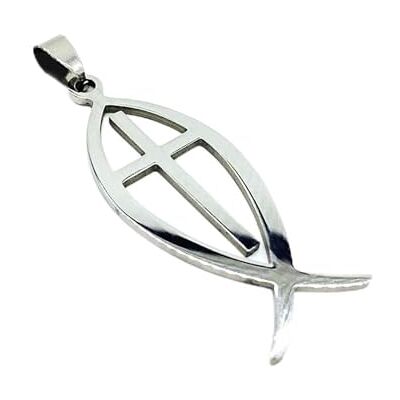 BlackAmazement Colgante de acero inoxidable 316L colgante de cuero collar de Ichthys pez eucarístico símbolo cristiano cruz Jesús plata señoras hombre BlackAmazement Colgante de acero inoxidable 316L colgante de cuero collar de Ichthys pez eucarístico símbolo cristiano cruz Jesús plata señoras hombre