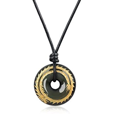 COAI Collar de Hombre con Colgante Ping'an Kou en Obsidiana Arcoíris con Dragón Dorado Grabado a Mano COAI Collar de Hombre con Colgante Ping'an Kou en Obsidiana Arcoíris con Dragón Dorado Grabado a Mano