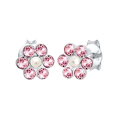Elli Pendientes para niños con perlas de flores y cristales , fabricados en plata de ley 925 chapada en oro Elli Pendientes para niños con perlas de flores y cristales , fabricados en plata de ley 925 chapada en oro