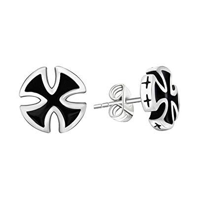 BlackAmazement Juego de 2 pendientes de acero inoxidable 316L, diseño de cruz de hierro, color plateado y negro BlackAmazement Juego de 2 pendientes de acero inoxidable 316L, diseño de cruz de hierro, color plateado y negro