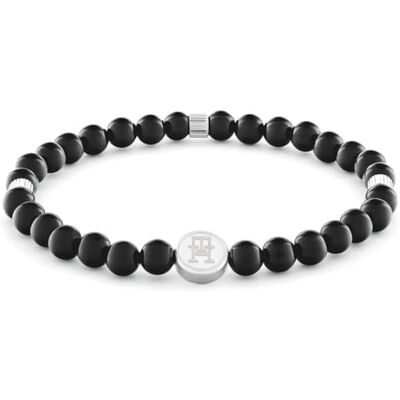 Tommy Hilfiger Pulsera de acero inoxidable con bolas de ónix negras para hombre , Mediano, Nylon, Sin gema Tommy Hilfiger Pulsera de acero inoxidable con bolas de ónix negras para hombre , Mediano, Nylon, Sin gema