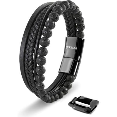 SERASAR Pulsera Premium para Hombre en Cuero Genuino Negro y Marrón Cierre Magnético de Acero Inoxidable Incluye Joyero Ideal para Regalar SERASAR Pulsera Premium para Hombre en Cuero Genuino Negro y Marrón Cierre Magnético de Acero Inoxidable Incluye Joyero Ideal para Regalar