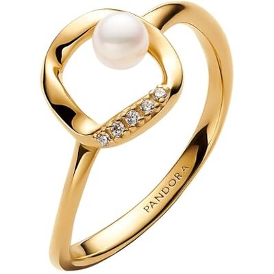 PANDORA 14k Gold-Plated Ring with Treated White Freshwater Cultured Pearl and Clear Cubic Zirconia PANDORA 14k Gold-Plated Ring with Treated White Freshwater Cultured Pearl and Clear Cubic Zirconia