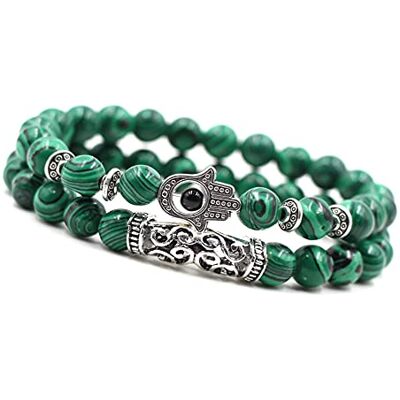 Unique Chakra pulsera dúo de piedra curativa Malaquita Verde Mano de Shiva 8mm elástico Unique Chakra pulsera dúo de piedra curativa Malaquita Verde Mano de Shiva 8mm elástico