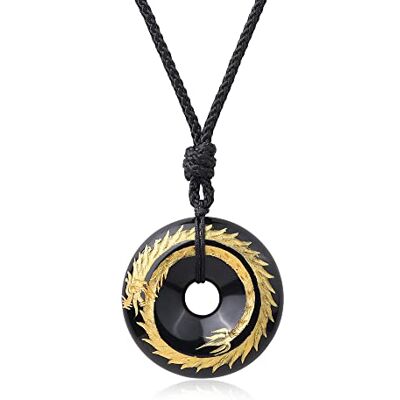 COAI Collar de Hombre con Colgante Ping'an Kou en Obsidiana Arcoíris con Dragón Dorado Grabado a Mano COAI Collar de Hombre con Colgante Ping'an Kou en Obsidiana Arcoíris con Dragón Dorado Grabado a Mano