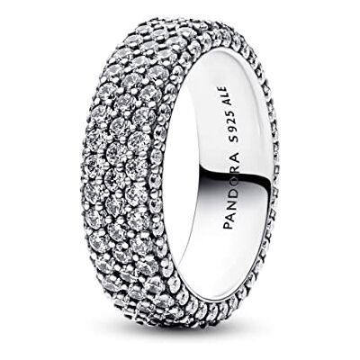PANDORA Timeless Anillo con fila simple con engaste pavé de plata de ley con circonitas cúbicas transparentes, talla 54 PANDORA Timeless Anillo con fila simple con engaste pavé de plata de ley con circonitas cúbicas transparentes, talla 54