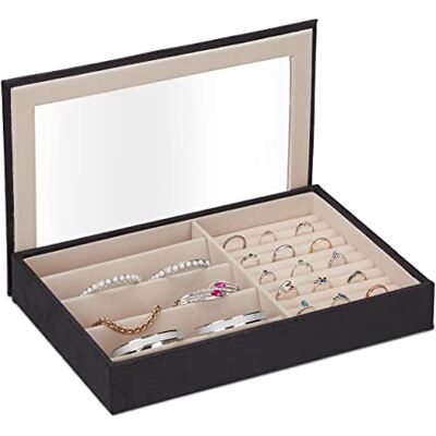 Relaxdays Joyero con Efecto Piel, Funda de Terciopelo, Caja Joyas con Ventanilla, 5 x 30 x 21 cm, Soporte Anillos, Negro Relaxdays Joyero con Efecto Piel, Funda de Terciopelo, Caja Joyas con Ventanilla, 5 x 30 x 21 cm, Soporte Anillos, Negro