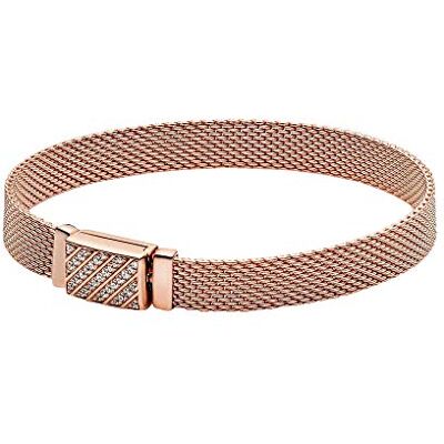 PANDORA Reflexions Pulsera con engaste pavé con cierre largo chapada en oro rosa de 14 quilates con circonitas cúbicas transparentes, 20 PANDORA Reflexions Pulsera con engaste pavé con cierre largo chapada en oro rosa de 14 quilates con circonitas cúbicas transparentes, 20