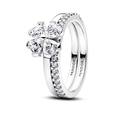 PANDORA Anillo de trébol de la suerte para dividir en plata de ley 925 con circonitas cúbicas, juego de 2 anillos para mujer con piedras en forma de corazón y engaste pavé, apilable, tamaño: 52 PANDORA Anillo de trébol de la suerte para dividir en plata de ley 925 con circonitas cúbicas, juego de 2 anillos para mujer con piedras en forma de corazón y engaste pavé, apilable, tamaño: 52
