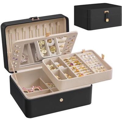 SONGMICS Colección GISELLA Caja Joyero con Espejo, Joyero de 2 Niveles con Bandeja Extraíble, 17,6 x 22 x 11 cm, Organizador para Pendientes y Collares, Idea de Regalo, Negro Tinta SONGMICS Colección GISELLA Caja Joyero con Espejo, Joyero de 2 Niveles con Bandeja Extraíble, 17,6 x 22 x 11 cm, Organizador para Pendientes y Collares, Idea de Regalo, Negro Tinta