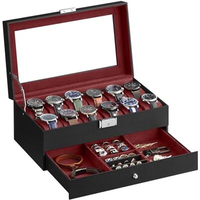 SONGMICS Caja de Reloj, Estuche de Reloj con Tapa de Cristal de 2 Niveles para 12 Relojes, Cerradura, 1 Cajón, para Anillos Pulseras, Regalo Ideal, Cuero Sintético Negro y Forro Rojo JWB012R01 SONGMICS Caja de Reloj, Estuche de Reloj con Tapa de Cristal de 2 Niveles para 12 Relojes, Cerradura, 1 Cajón, para Anillos Pulseras, Regalo Ideal, Cuero Sintético Negro y Forro Rojo JWB012R01
