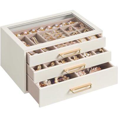 SONGMICS Caja de Joyas, Organizador de Joyería de 3 Niveles, con Ventana de Vidrio, 3 Cajones, Gran Capacidad, Tiradores Dorados, Idea de Regalo, 16 x 24 x 12,5 cm, Blanco Crema SONGMICS Caja de Joyas, Organizador de Joyería de 3 Niveles, con Ventana de Vidrio, 3 Cajones, Gran Capacidad, Tiradores Dorados, Idea de Regalo, 16 x 24 x 12,5 cm, Blanco Crema