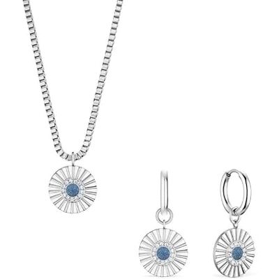 BERING Arctic Flowers Juego de collar y pendientes de aro de plata Acero inoxidable pulido brillante, circonita azul, colgante desmontable, medallón en forma de rayo, conjunto para mujer BERING Arctic Flowers Juego de collar y pendientes de aro de plata Acero inoxidable pulido brillante, circonita azul, colgante desmontable, medallón en forma de rayo, conjunto para mujer