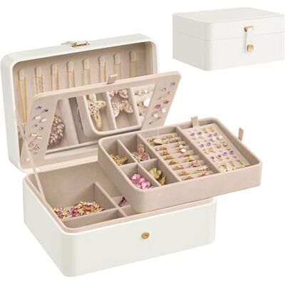 SONGMICS Colección GISELLA Caja Joyero con Espejo, Joyero de 2 Niveles con Bandeja Extraíble, 17,6 x 22 x 11 cm, Organizador para Pendientes y Collares, Idea de Regalo, Blanco Nube SONGMICS Colección GISELLA Caja Joyero con Espejo, Joyero de 2 Niveles con Bandeja Extraíble, 17,6 x 22 x 11 cm, Organizador para Pendientes y Collares, Idea de Regalo, Blanco Nube