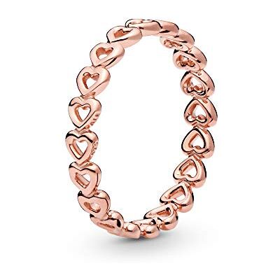 PANDORA Anillo con diseño de banda de corazones chapado en oro rosa de 14 quilates, talla 50 PANDORA Anillo con diseño de banda de corazones chapado en oro rosa de 14 quilates, talla 50