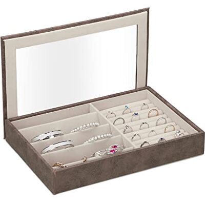 Relaxdays Joyero Efecto Piel, Funda de Terciopelo, Caja Joyas con Ventanilla, 5 x 30 x 21 cm, Soporte Anillos, Marrón Relaxdays Joyero Efecto Piel, Funda de Terciopelo, Caja Joyas con Ventanilla, 5 x 30 x 21 cm, Soporte Anillos, Marrón