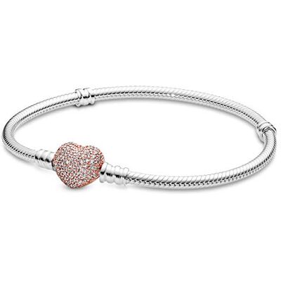 PANDORA Icons Pulsera de plata con cadena de serpiente con cierre de corazón chapada en oro rosa de 14 quilates y circonitas cúbicas transparentes, 20 PANDORA Icons Pulsera de plata con cadena de serpiente con cierre de corazón chapada en oro rosa de 14 quilates y circonitas cúbicas transparentes, 20
