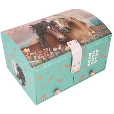 Depesche Miss Melody Joyero Grande en Turquesa y Rosa, con Motivo de Caballo y Oro Rosa, joyero con código, Sonido y Espejo Depesche Miss Melody Joyero Grande en Turquesa y Rosa, con Motivo de Caballo y Oro Rosa, joyero con código, Sonido y Espejo