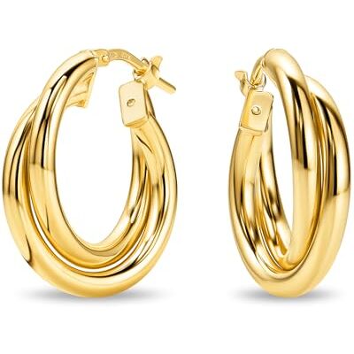 MIORE Pendientes Mujer de Plata de Ley 925 Bañados en Oro de 18K 750, Aros de Oro Redondos con 2 Tubos Retorcidos de 15 mm, Hechos a Mano en Italia, Joyas Dorados con Joyero MIORE Pendientes Mujer de Plata de Ley 925 Bañados en Oro de 18K 750, Aros de Oro Redondos con 2 Tubos Retorcidos de 15 mm, Hechos a Mano en Italia, Joyas Dorados con Joyero