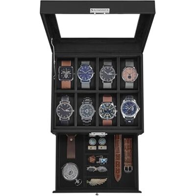 SONGMICS Caja de reloj de 8 ranuras, caja de reloj con cerradura con tapa de cristal, 2 capas, con 1 cajón para anillos, pulseras, idea de regalo, piel sintética negra, forro negro SONGMICS Caja de reloj de 8 ranuras, caja de reloj con cerradura con tapa de cristal, 2 capas, con 1 cajón para anillos, pulseras, idea de regalo, piel sintética negra, forro negro