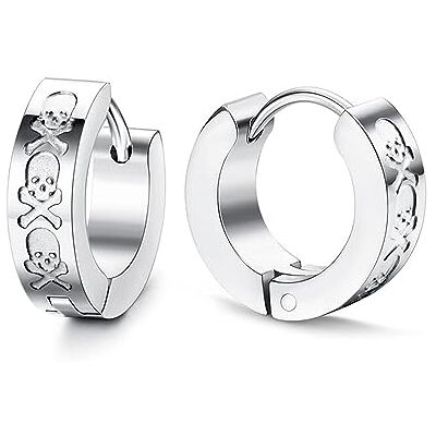 BlackAmazement Juego de 2 pendientes de aro de acero inoxidable 316L con relieve, cruzados, cruzados, calaveras, plateados, negros, motociclistas, mujeres y hombres BlackAmazement Juego de 2 pendientes de aro de acero inoxidable 316L con relieve, cruzados, cruzados, calaveras, plateados, negros, motociclistas, mujeres y hombres
