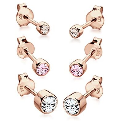 Elli Pendientes Damas 3 Pzas. Tapón Básico con Cristales en Plata Esterlina 925 Bañada en Oro Rosado Elli Pendientes Damas 3 Pzas. Tapón Básico con Cristales en Plata Esterlina 925 Bañada en Oro Rosado