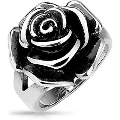 BlackAmazement Anillo de acero inoxidable 316L, diseño de flor rosa maciza, gótico, plata BlackAmazement Anillo de acero inoxidable 316L, diseño de flor rosa maciza, gótico, plata