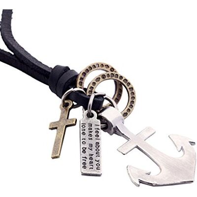 DonDon Collar de Cuero con Diferentes Colgantes para Hombre en una Bolsa de joyería Negra DonDon Collar de Cuero con Diferentes Colgantes para Hombre en una Bolsa de joyería Negra