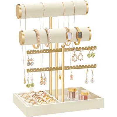 SONGMICS Soporte para Pulseras, Expositor de Joyas, Organizador de 2 Niveles y Bandejas de Terciopelo, Soporte para Pendientes, Soporte para Anillos Desmontable, Blanco Crema y Oro Pálido SONGMICS Soporte para Pulseras, Expositor de Joyas, Organizador de 2 Niveles y Bandejas de Terciopelo, Soporte para Pendientes, Soporte para Anillos Desmontable, Blanco Crema y Oro Pálido