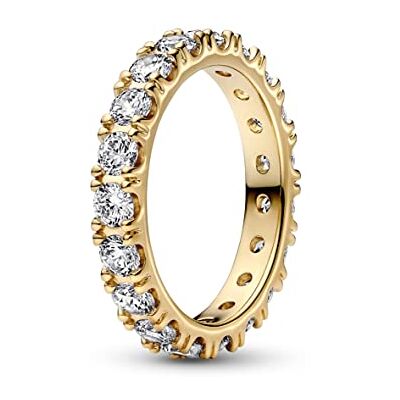 PANDORA Timeless Anillo de eternidad chapado en oro de 14 quilates con fila centelleante de circonitas cúbicas transparentes, talla 58 PANDORA Timeless Anillo de eternidad chapado en oro de 14 quilates con fila centelleante de circonitas cúbicas transparentes, talla 58
