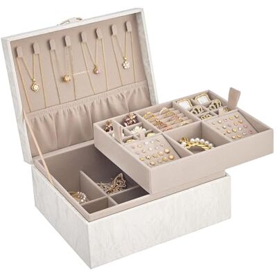 SONGMICS Joyero 2 Capas, Joyero con Asa, Bandeja Flexible para Joyas, Caja para Joyas, Efecto Flotante, 20,5 x 24 x 11 cm, Idea Regalo, Blanco Crema SONGMICS Joyero 2 Capas, Joyero con Asa, Bandeja Flexible para Joyas, Caja para Joyas, Efecto Flotante, 20,5 x 24 x 11 cm, Idea Regalo, Blanco Crema