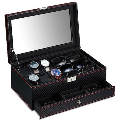 Relaxdays Organizador Gafas y Relojes, Joyero con Cajón, Caja para Guardar Joyas, 13x33x20,5 cm, Efecto Piel, Negro Relaxdays Organizador Gafas y Relojes, Joyero con Cajón, Caja para Guardar Joyas, 13x33x20,5 cm, Efecto Piel, Negro
