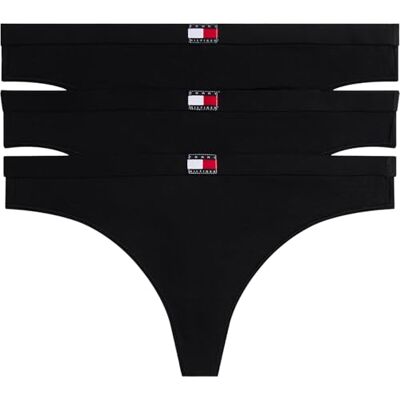 Tommy Hilfiger Braguitas Tipo Tanga Pack de 3 Mujer Thong de algodón elástico, Negro (Black/Black/Black), L Tommy Hilfiger Braguitas Tipo Tanga Pack de 3 Mujer Thong de algodón elástico, Negro (Black/Black/Black), L